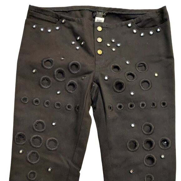 John Richmond Hippy Chic Circle Eyelets Mirrored Low-Rise Black Denim Jeans 28 - Picture 3 of 13